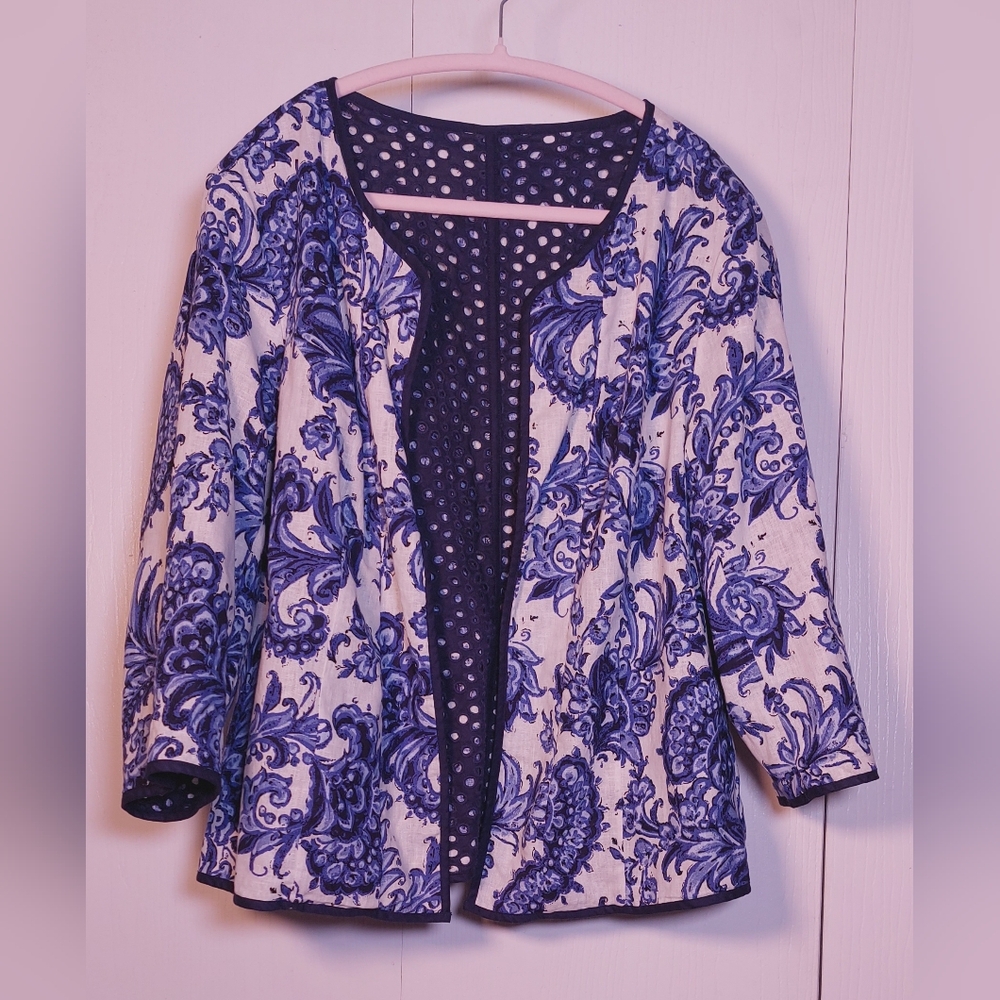 Coldwater Creek Cotton Linen Eyelet Floral Open Front Reversible Jacket Size 16